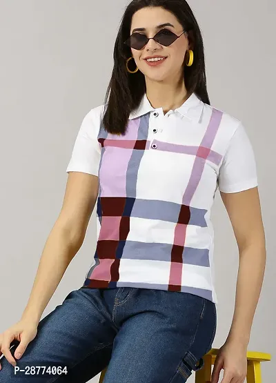 Elegant White Cotton Blend Checked Tshirt For Women