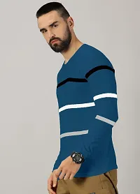 Stylish Teal Cotton Blend Striped Round Neck Tees For Men-thumb3