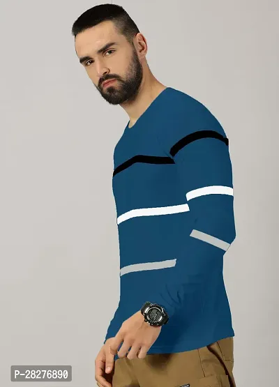 Stylish Teal Cotton Blend Striped Round Neck Tees For Men-thumb5