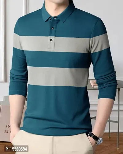 Reliable Blue Cotton Blend Colourblocked Polos For Men