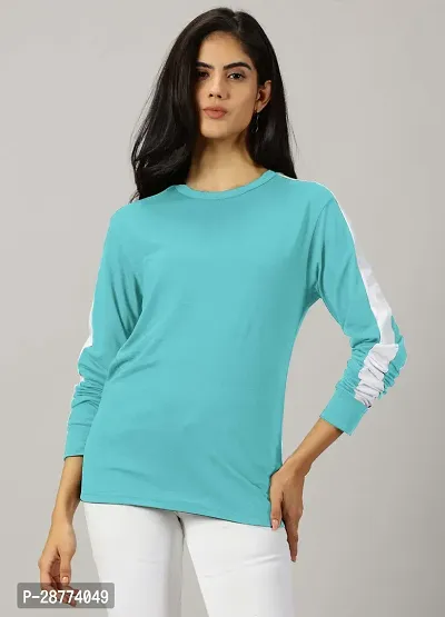 Elegant Turquoise Cotton Blend Colourblocked Tshirt For Women-thumb4