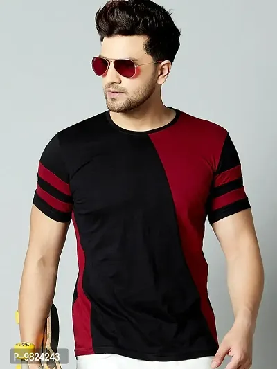 Stylish Cotton Black Colourblocked Round Neck Tees Short Sleeves For Men-thumb5