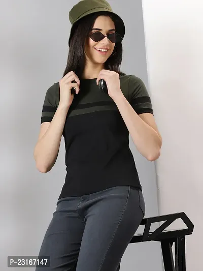 Elegant Black Cotton Blend Striped T-Shirts For Women-thumb5