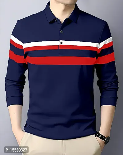 Elegant Navy Blue Striped Cotton Blend Polos For Men