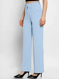 Elegant Sky Blue Polyester Blend Solid Trousers For Women-thumb2