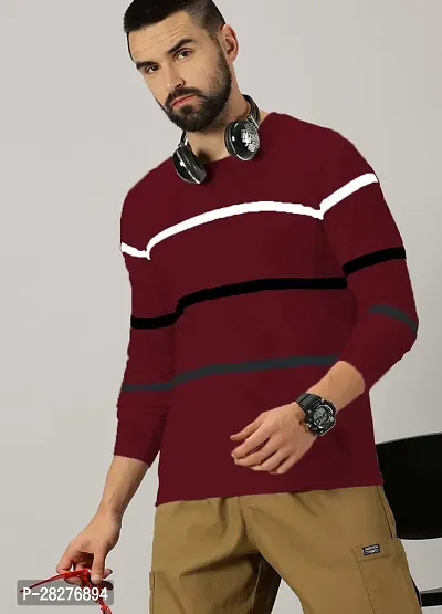 Stylish Maroon Cotton Blend Striped Round Neck Tees For Men