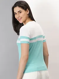 Elegant Turquoise Cotton Blend Striped T-Shirts For Women-thumb1