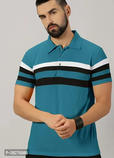 Stylish Teal Cotton Blend Striped Polos For Men
