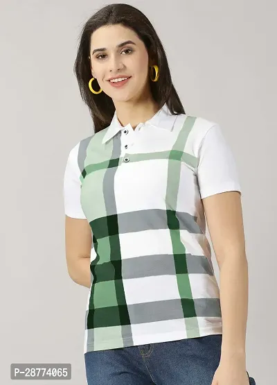 Elegant White Cotton Blend Checked Tshirt For Women-thumb4