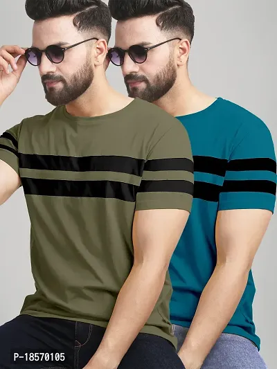 Stylish Cotton Blend Multicoloured Colourblocked Round Neck Tees Short Sleeves For Men Pack Of 2-thumb0