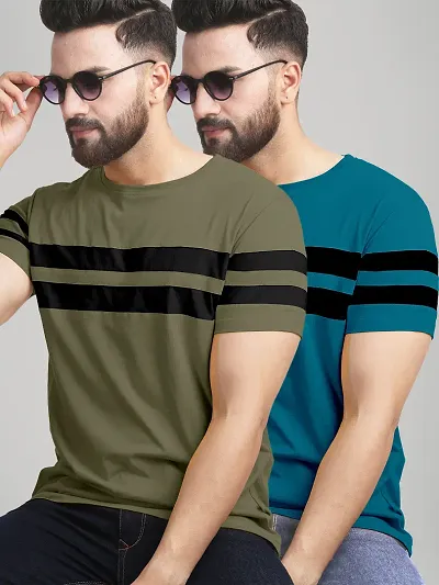 New trendy Stylish Cotton Blend Colourblocked Round Neck Tees For Men- Pack Of 2