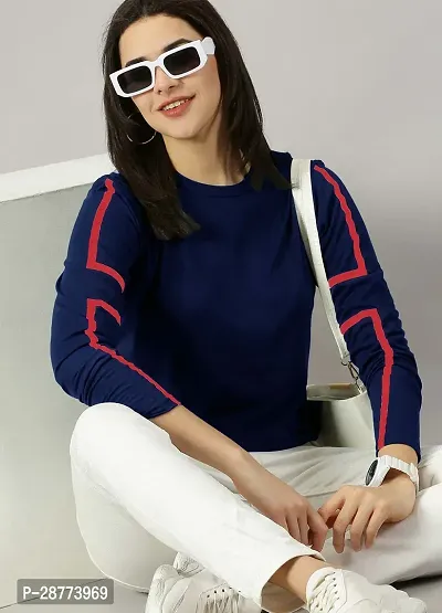 Elegant Navy Blue Cotton Blend Colourblocked Tshirt For Women