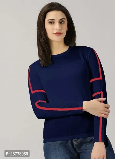 Elegant Navy Blue Cotton Blend Colourblocked Tshirt For Women-thumb2