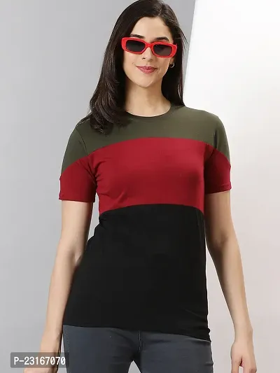 Elegant Multicoloured Cotton Blend Colourblocked T-Shirts For Women