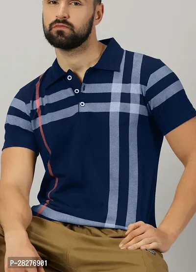 Stylish Navy Blue Cotton Blend Printed Polos For Men