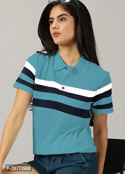 Elegant Blue Cotton Blend Colourblocked Tshirt For Women