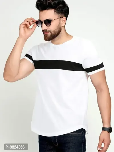 AUSK Men's Cotton Half Sleeve Round Neck Striped Tshirt (Medium, White)