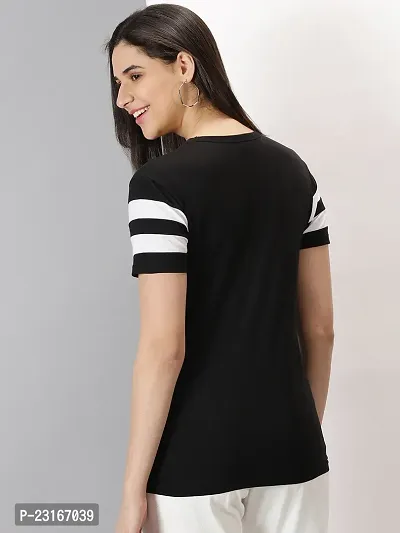 Elegant Black Cotton Blend Striped T-Shirts For Women-thumb2