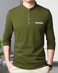 Stylish Cotton Green Solid Round Neck Tees Long Sleeves For Men-thumb2