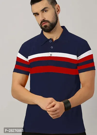 Stylish Cotton Blend Navy Blue Striped Polos Short Sleeves For Men