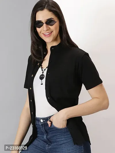 Elegant Black Cotton Blend Solid Shirts For Women