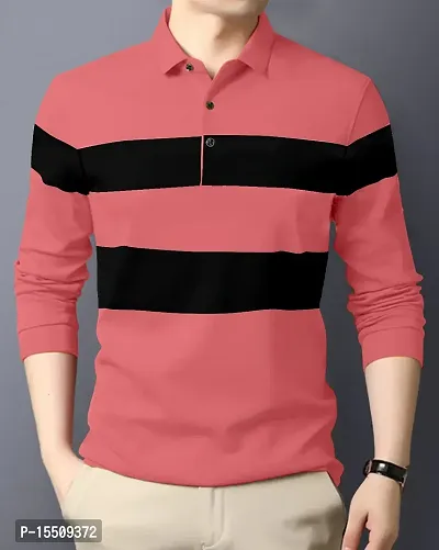 Stylish Cotton Blend Pink Colourblocked Polos Long Sleeves For Men-thumb0