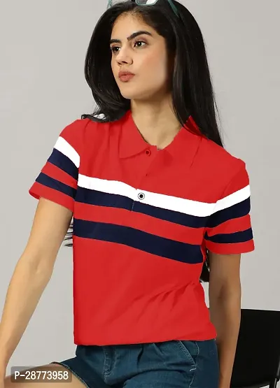 Elegant Red Cotton Blend Colourblocked Tshirt For Women