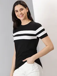 Elegant Black Cotton Blend Striped T-Shirts For Women-thumb3