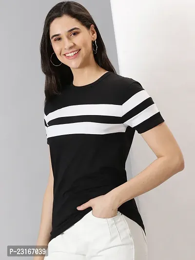 Elegant Black Cotton Blend Striped T-Shirts For Women-thumb4