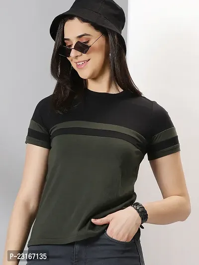 Elegant Green Cotton Blend Striped T-Shirts For Women