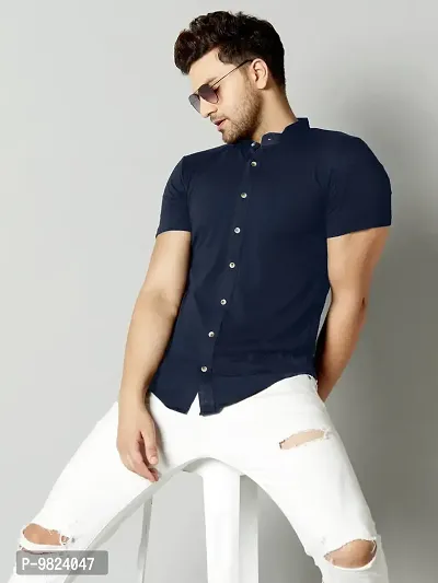 Stylish Cotton Solid Navy Blue Half Sleeve Shirt-thumb3