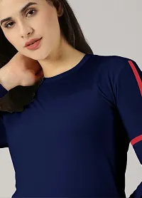 Elegant Navy Blue Cotton Blend Colourblocked Tshirt For Women-thumb3