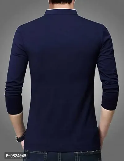 Stylish Cotton Blue Solid Round Neck Tees Long Sleeves For Men-thumb2