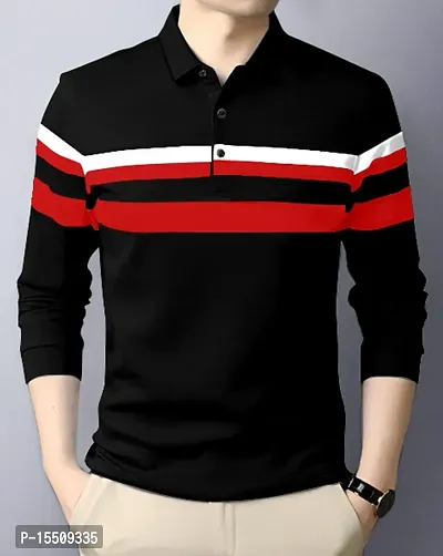 Stylish Cotton Blend Black Striped Polos Long Sleeves For Men