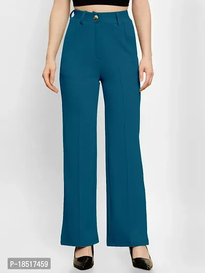 Elegant Teal Polyester Blend Solid Trousers For Women