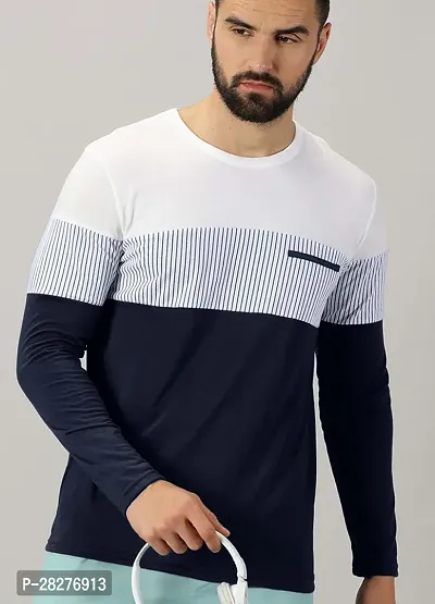 Stylish Navy Blue Cotton Blend Printed Tees For Men