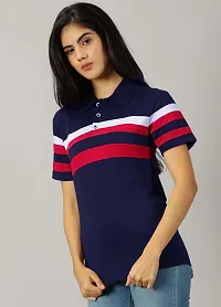 Elegant Navy Blue Cotton Blend Colourblocked Tshirt For Women-thumb3