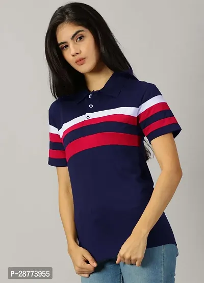 Elegant Navy Blue Cotton Blend Colourblocked Tshirt For Women-thumb4