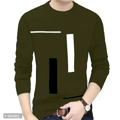 Stylish Cotton Olive Printed Round Neck Tees Long Sleeves For Men