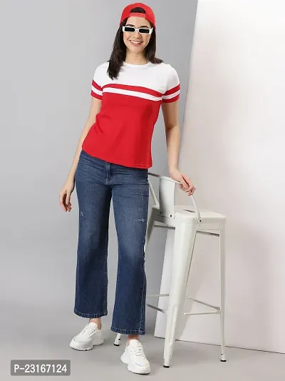 Elegant Red Cotton Blend Striped T-Shirts For Women-thumb5