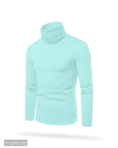 Stylish Cotton Blend Blue Solid High Neck Tees Long Sleeves For Men-thumb4