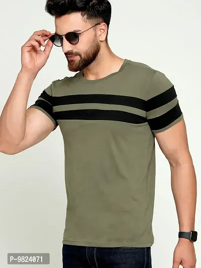 AUSK Men's Cotton Half Sleeve Round Neck Striped Tshirt (Medium, Green)