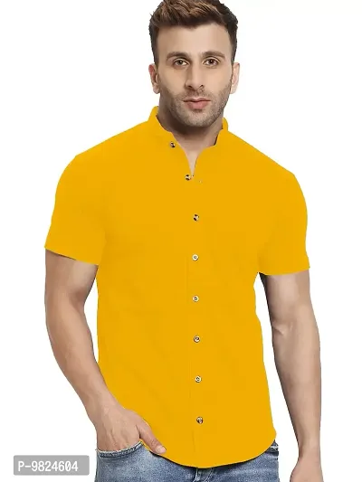 GESPO Men's Shirts Half Sleeves Mandarin Collar(Yellow-Small)