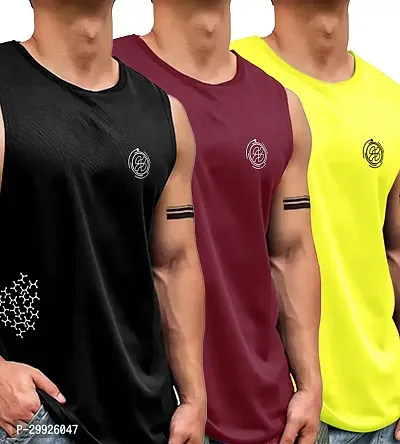 Stylish Multicoloured Polyester Printed Sleeveless Gym Vest For Men-Pack Of 3-thumb0