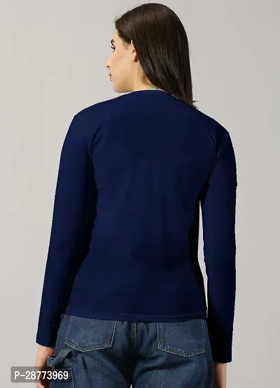 Elegant Navy Blue Cotton Blend Colourblocked Tshirt For Women-thumb3