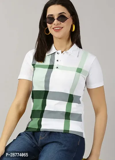 Elegant White Cotton Blend Checked Tshirt For Women