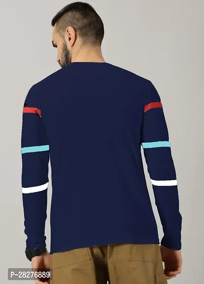 Stylish Navy Blue Cotton Blend Striped Round Neck Tees For Men-thumb2