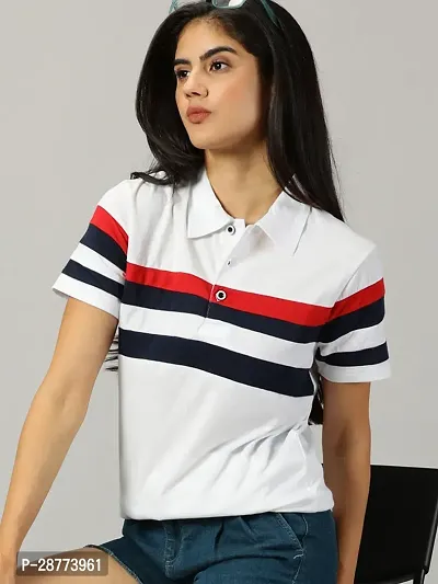 Elegant White Cotton Blend Colourblocked Tshirt For Women-thumb0