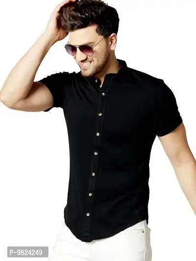 GESPO Men's Solid Black Mandarin Collar Half Sleeve Casual Shirt-thumb0