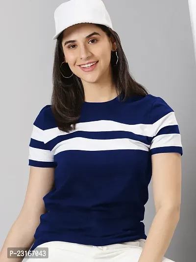 Elegant Navy Blue Cotton Blend Striped T-Shirts For Women